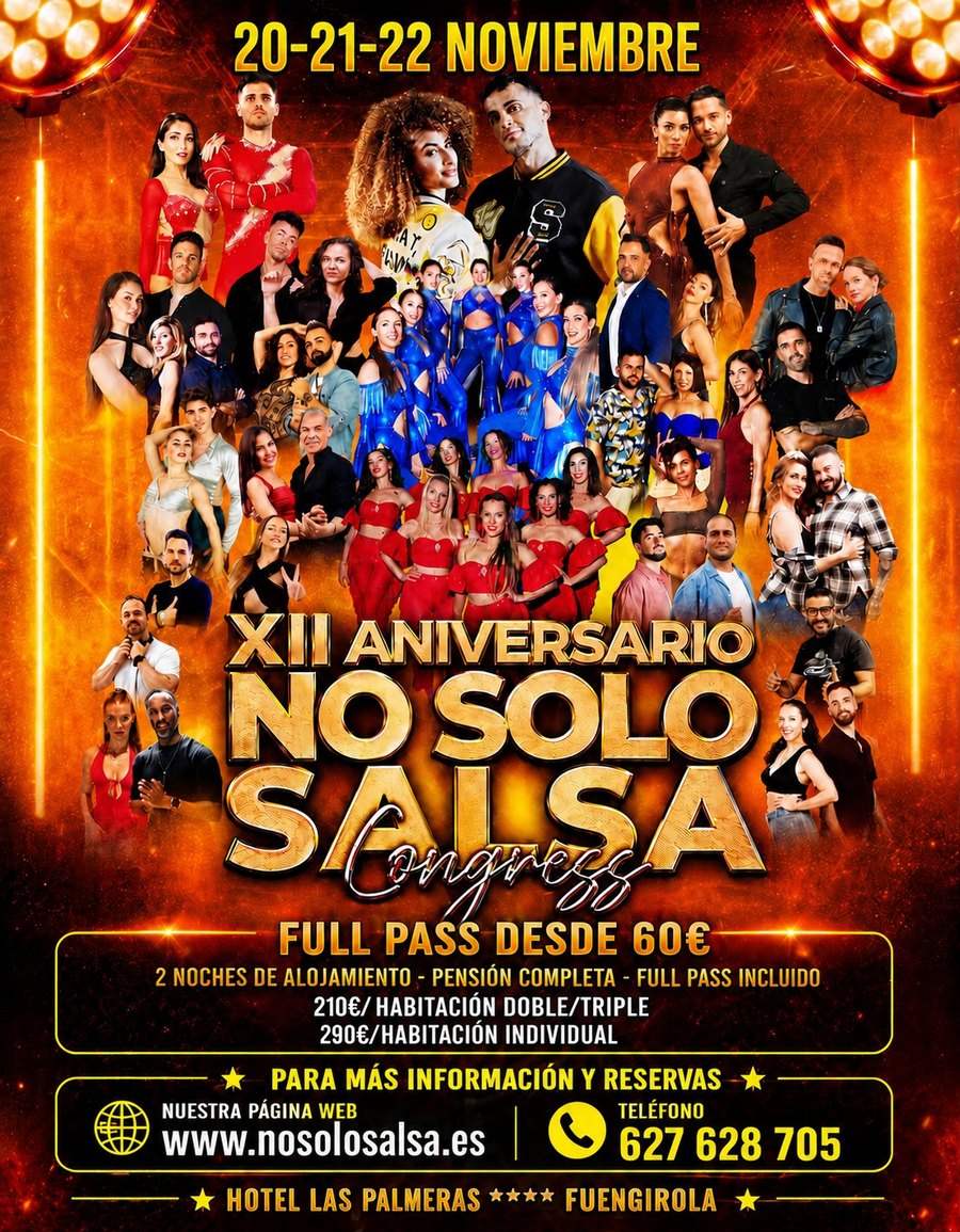 Cartel del XII Aniversario NoSoloSalsa Congress con todo el elenco
